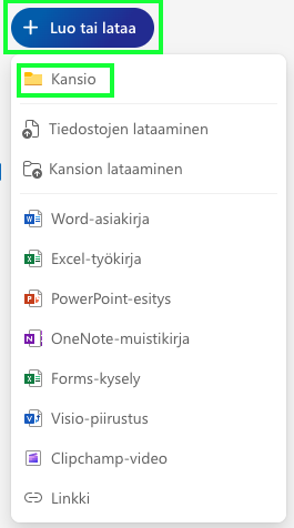 OneDrivessa, klikkaa +Luo tai lataa