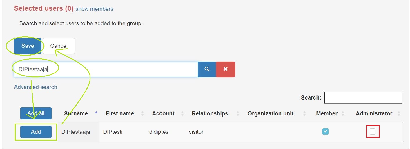 When you click on "Add member", you can search for members by name. When adding members you can also give them admin rights.