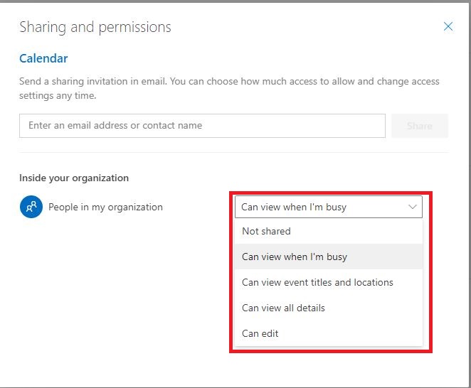 The picture shows the Outlook calendar "Sharing and permissions" settings. You can select the setting you prefer from the drop-down menu.