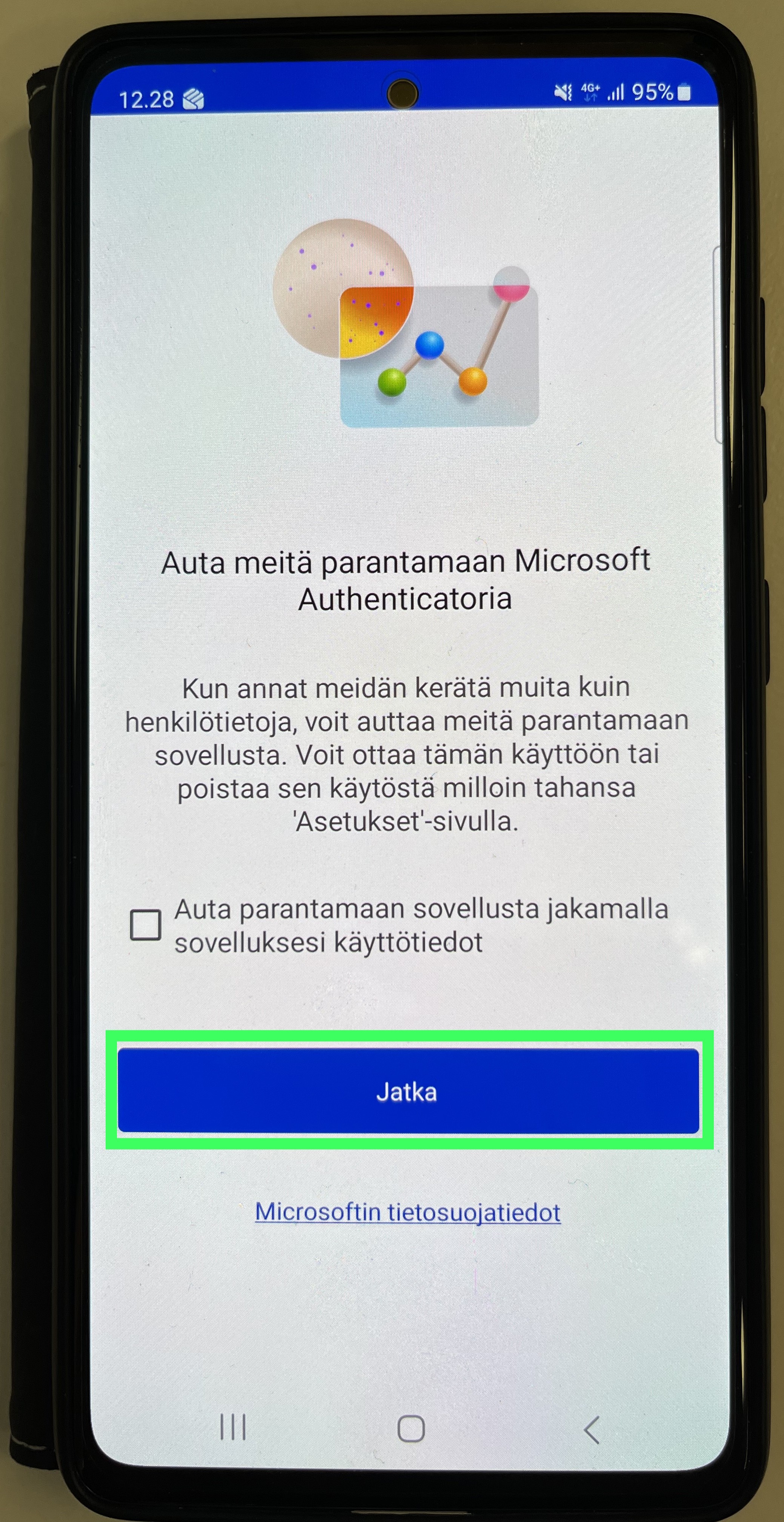 Klikkaa "Jatka", ei tarvitse hyväksyä jakamista Microsoftille sovelluksesi käyttötietoja