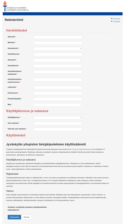 Käyttäjätietojen syöttäminen