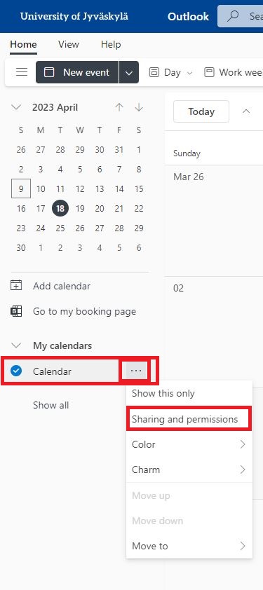The picture shows the browser version of Outlook calendar. You can find your own calendars under the little calendar. Click on the three dots next to the calendar to display the settings for the calendar. Select "Sharing and permissions".