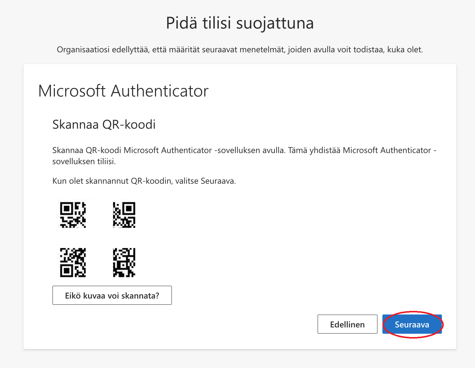 Tietokoneen QR-koodi- koodi, jatketaan tietokoneella asennusta. Klikkaa "Seuraava"