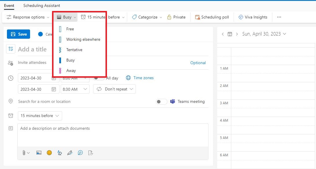 The picture shows the browser version of the Outlook calendar. Select "New Event". You can change the status from the toolbar at the top of the form.