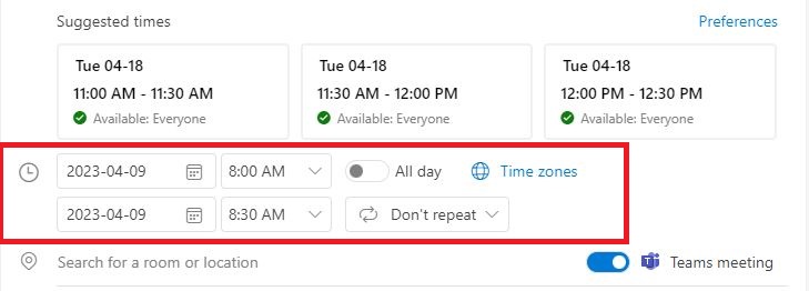 The picture shows an Outlook calendar. Select "New event" and select the people in "Invite attendees". (You can search for a person by typing the person's name in the empty field). Once the persons are selected the program will suggest available times under the "Invite attendees" field.