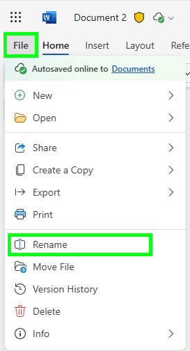 Word Online, Files- tab and there "Rename".