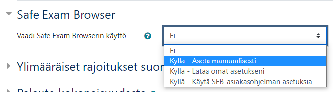 Tentin asetuksirm Safe Exam Browser -valikko