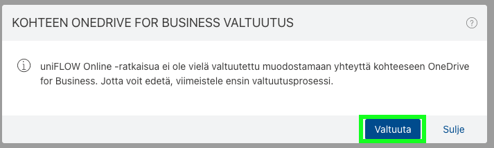 uniFLOW pyytää valtuutusta OneDriveen.