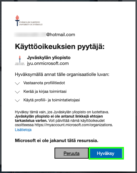 Microsoftin käyttöoikeudet Jyväskylän yliopiston Teamsiin pääsemiseksi.