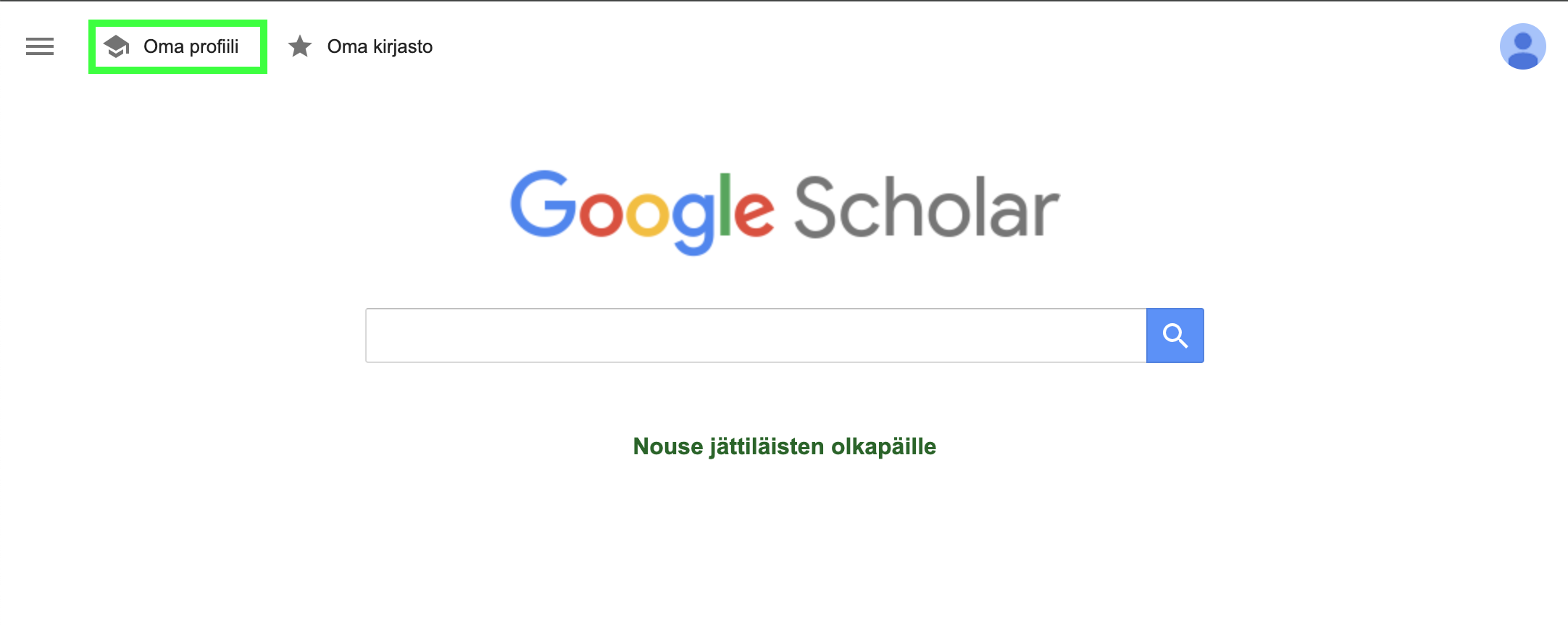 Google Scholarin etusivu. Oikeasta yläreunasta löytyy valinta "Oma profiili".