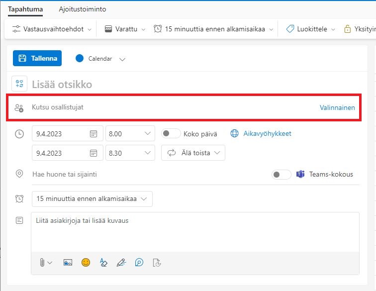 Kuvassa selainversio Outlook kalenterista. Klikkaa "Uusi tapahtuma". Sinulle ilmestyy lomake johon laitat tapahtuman tiedot. Kohdasta "Valitse osallistujat", voit lisätä muita henkilöitä ja tehdä näin kokouskutsun.