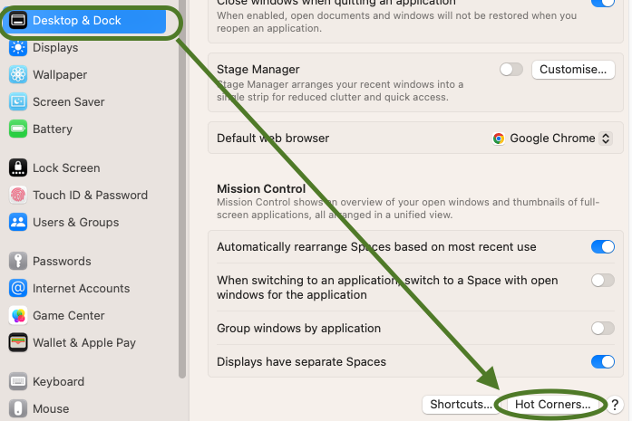 Hot cornerin asetuksiin
