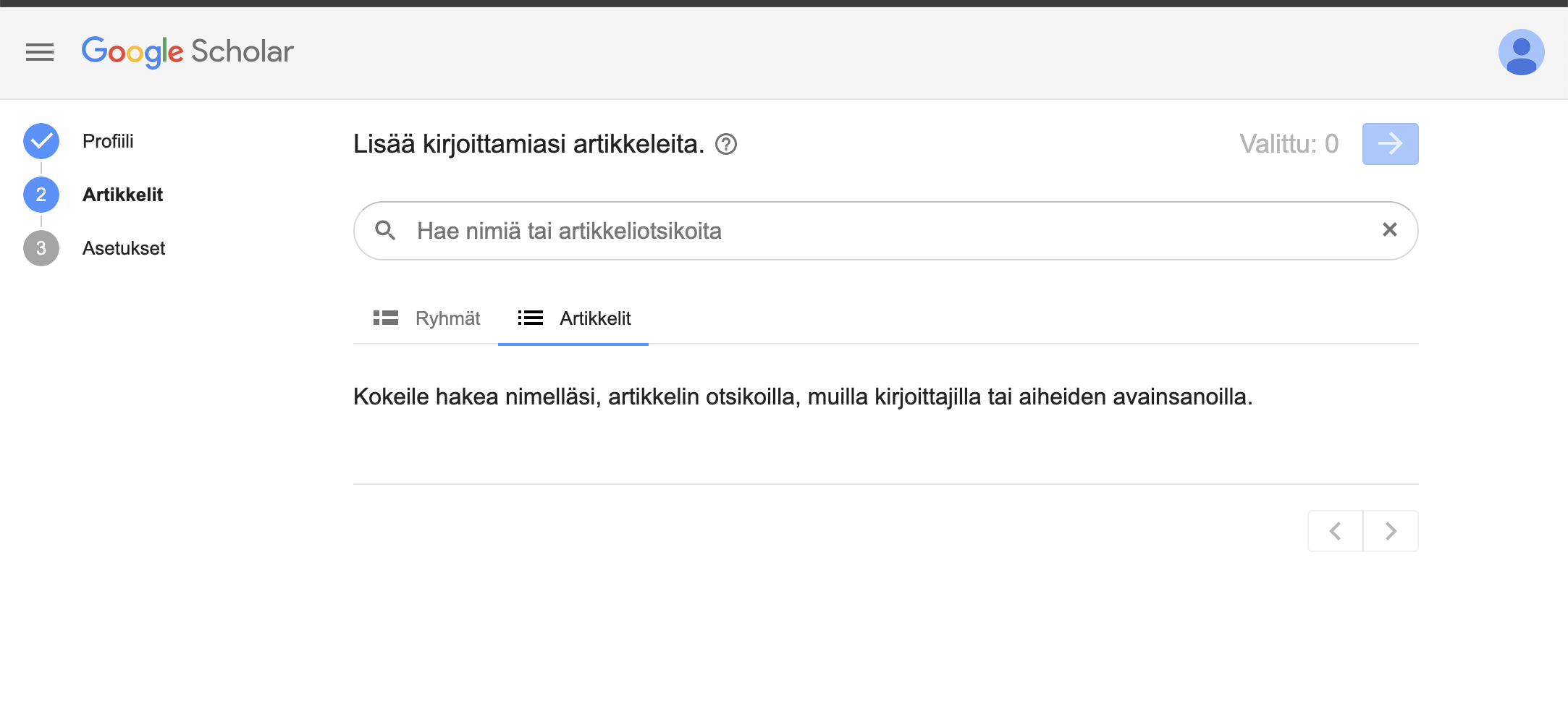 Artikkeleiden haku kenttä.