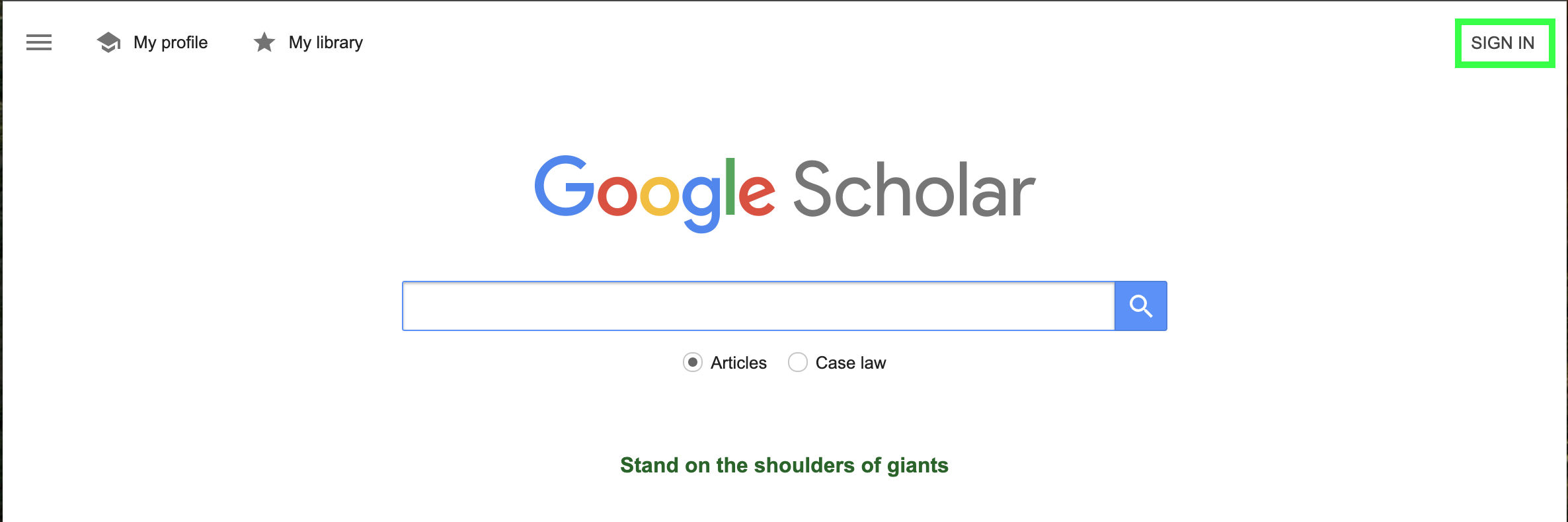 Google Scholar homepage. You can log in from the top right corner of the page.