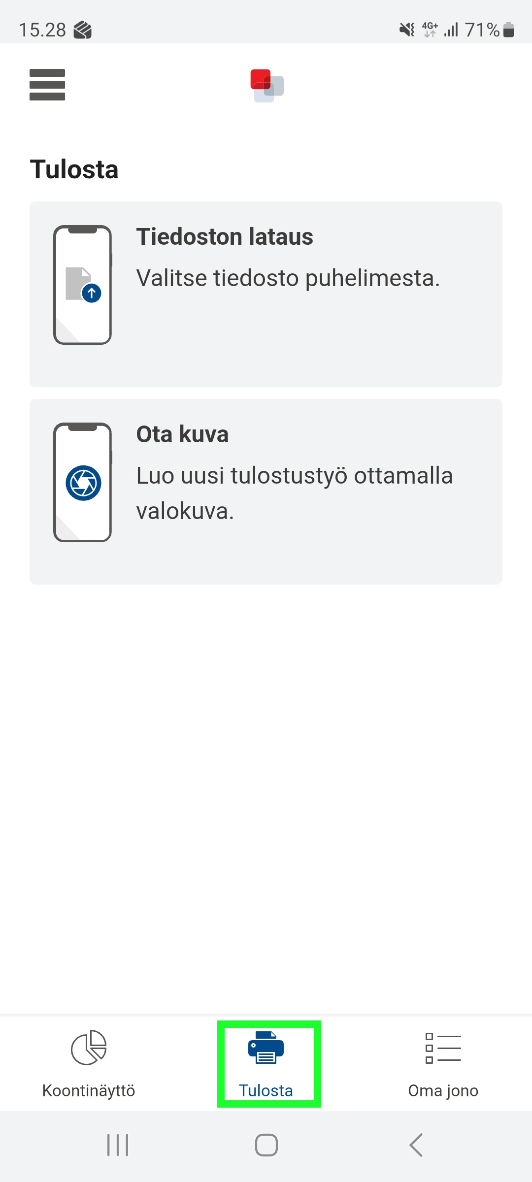 Tulosta- välilehti puhelimen uniFLOW- sovelluksessa.