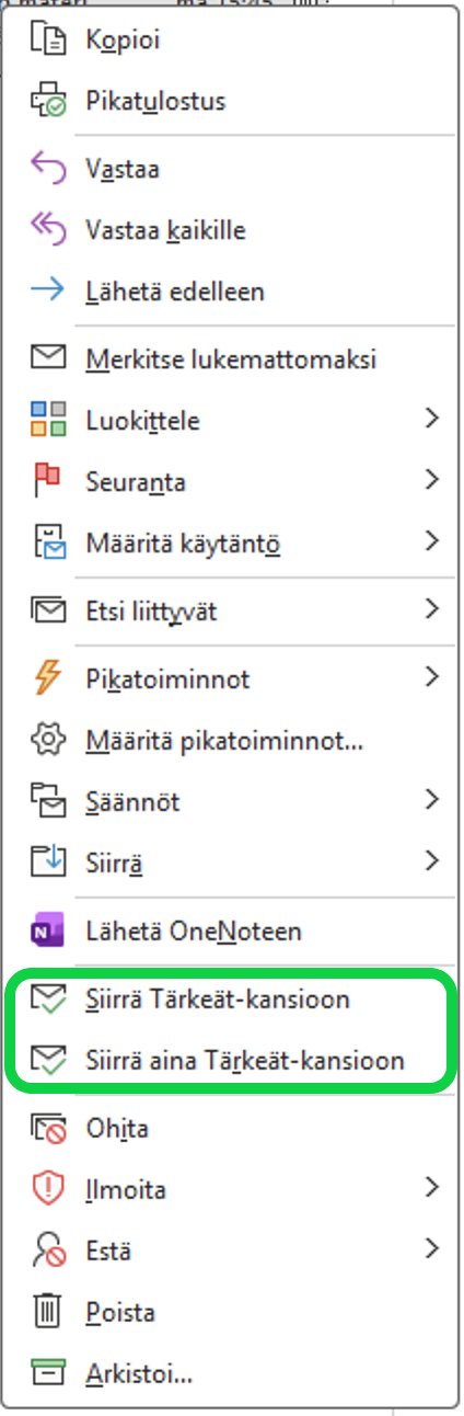 Voit siirtää Outlookissa sähköpostiviestejä näkymien välillä, valitsemalla sähköpostin jonka haluat siirtää, klikkaamalla hiiren oikeaa ja valitsemalla "Siirrä Tärkeät/tai Muut-kansioon".