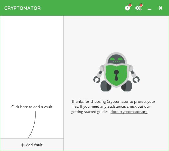 The Cryptomator home page when you open the application. You can create a new vault from the bottom left corner of the application where it says + Add Vault. 