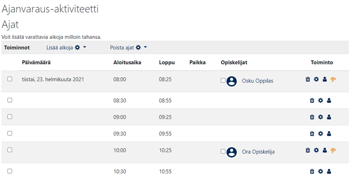 Opettajan näkymä Ajanvaraus-aktiviteetissa