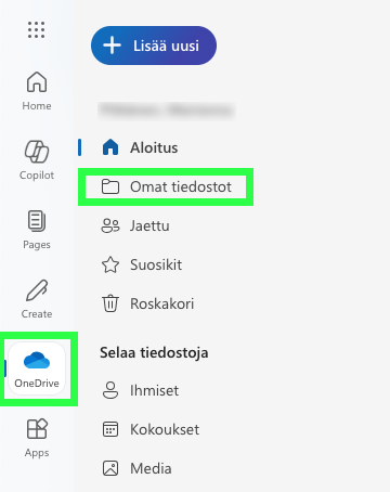 OneDrive päävalikko