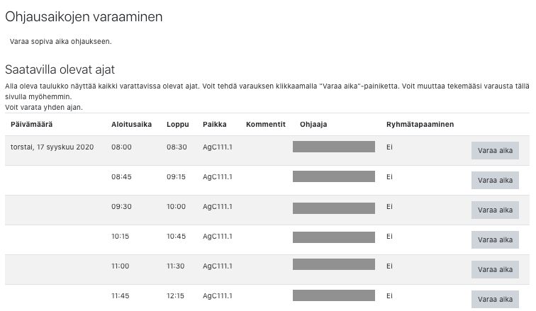 Ohjausaikojen varaamisen näkymä
