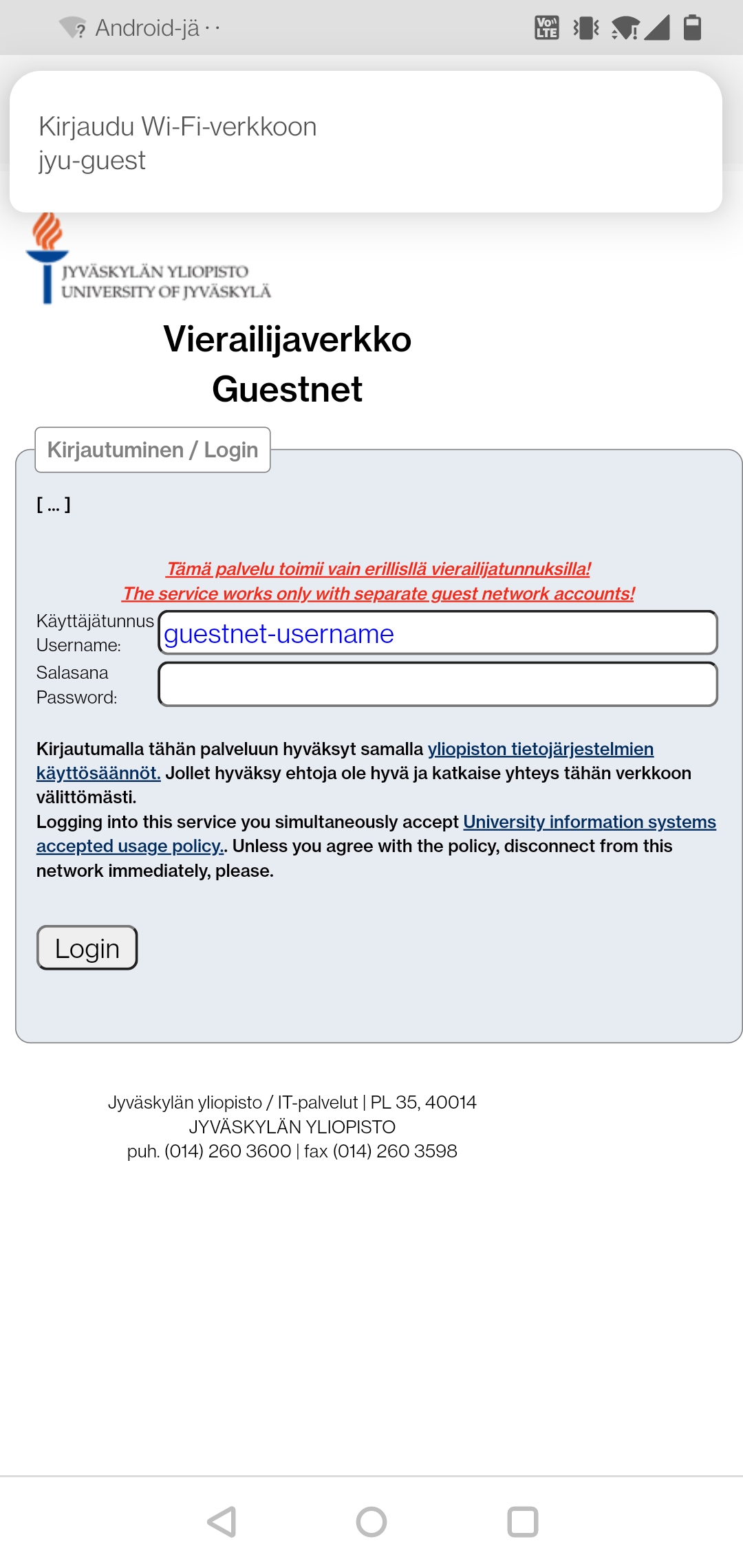 Selaimessa avautui ikkuna jossa pyydetään kirjautumaan sisään