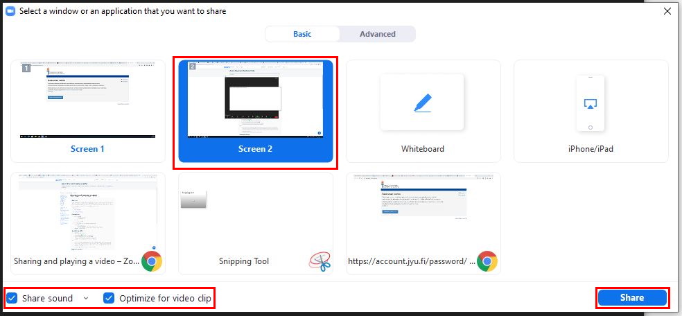 Sharing screen for video
