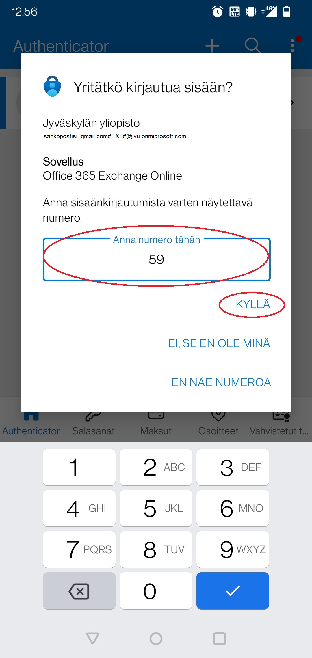 Microsoft Authenticator- sovellukseen ilmestyvä ikkuna.