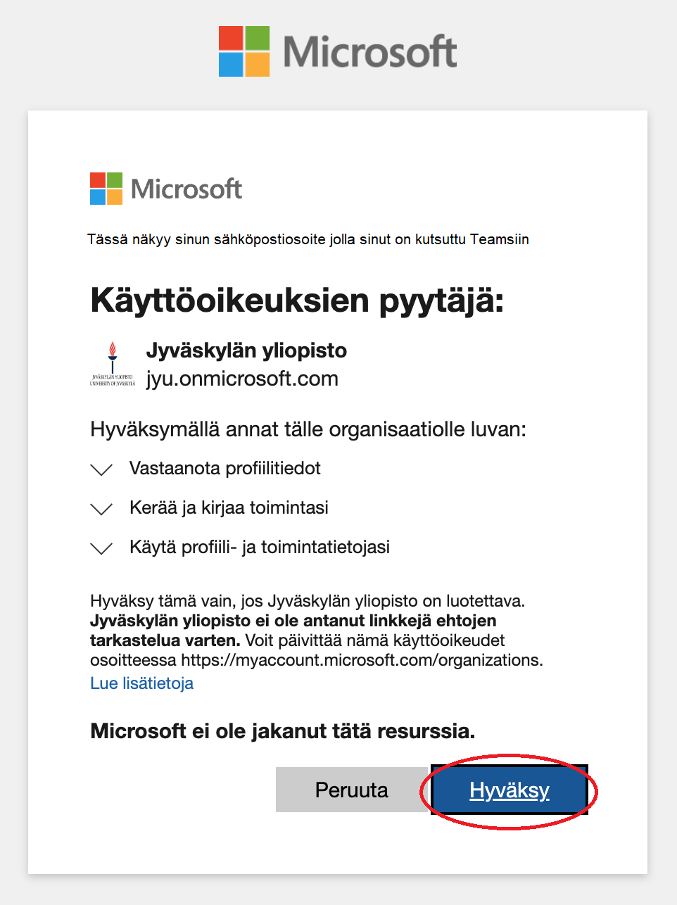 Kutsu hyväksyä liittyminen Teams alustalle