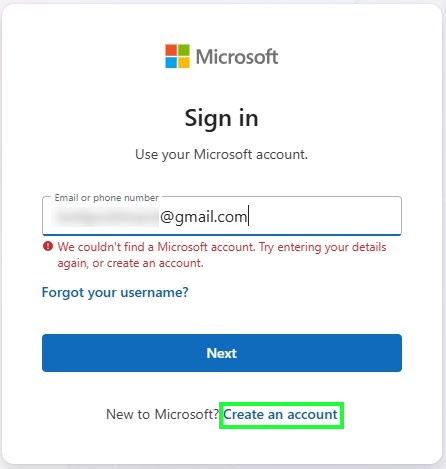 Microsoft detects that my Gmail account is not a Microsoft account.