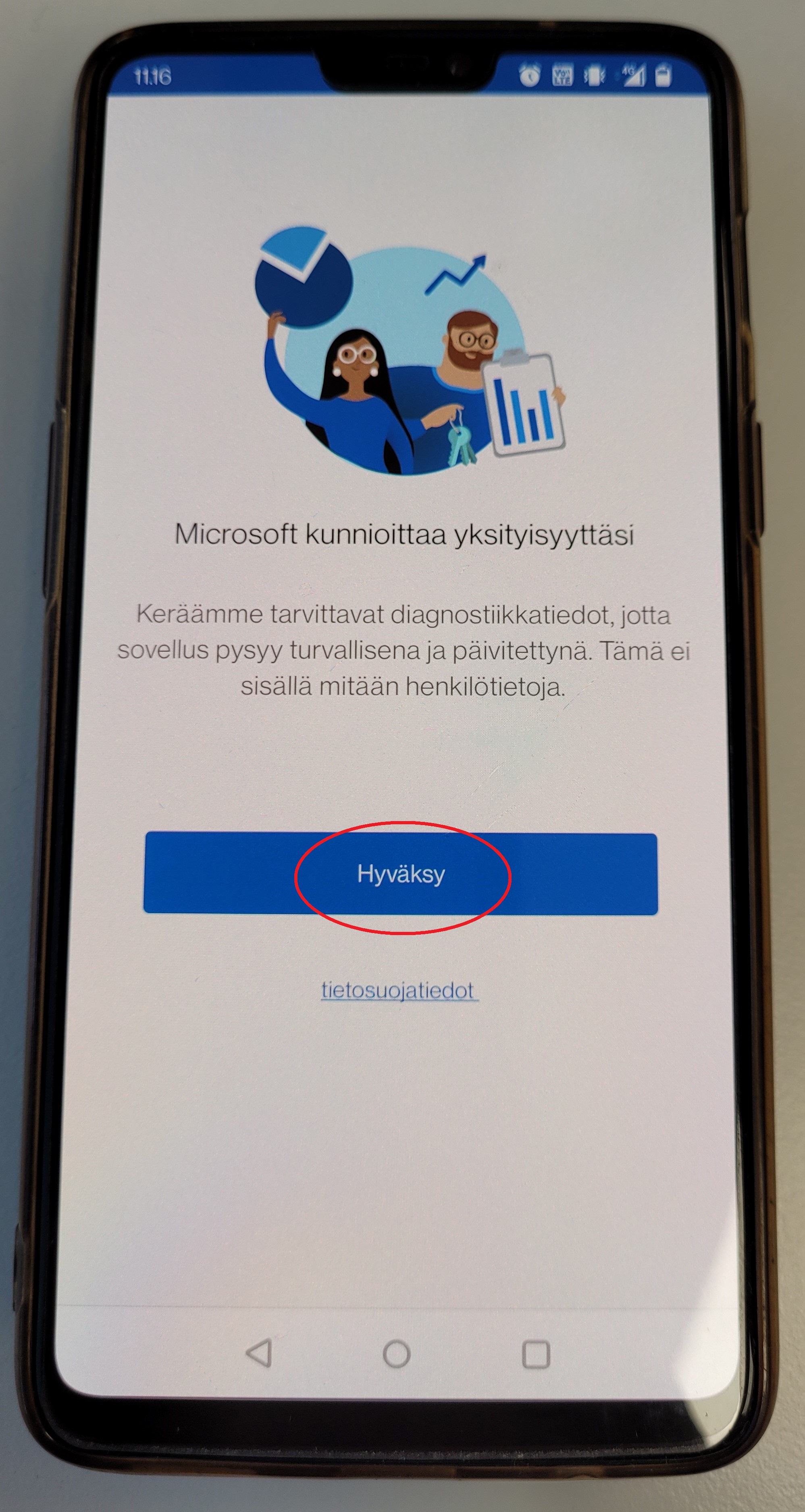 Etusivu kun avaat sovelluksen ensimmäistä kertaa