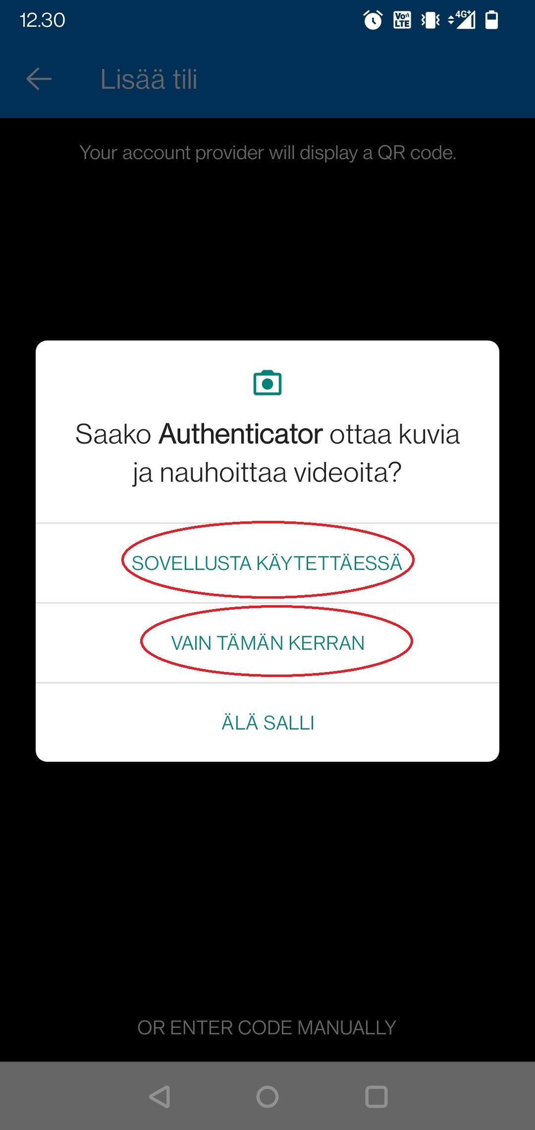 Hyväksy kameran käyttö