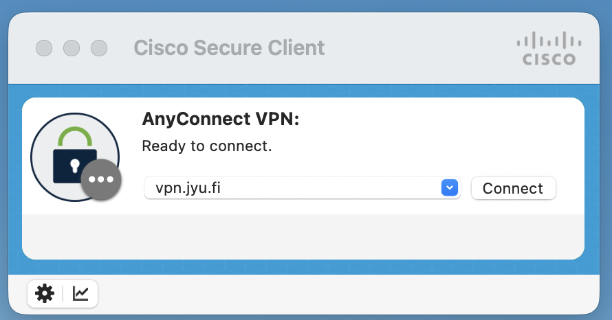 Cisco Secure Client sovellus. Kirjoita tyhjään kenttään vpn.jyu.fi