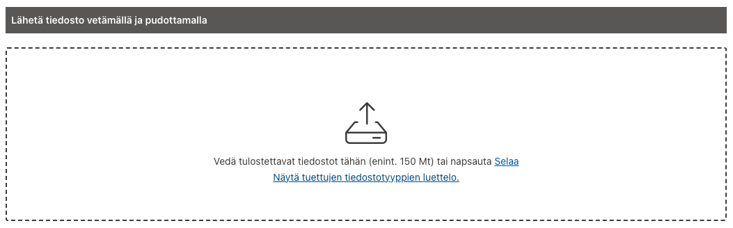 uniFLOW Online sivuston aloita tulostus- välilehti, lähetä tiedosto vetämällä ja pudottamalla