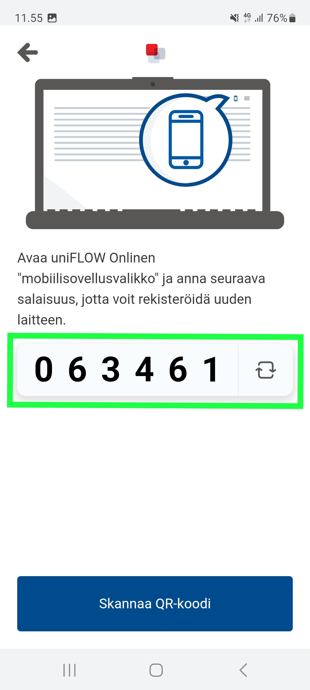 Puhelimen uniFLOW- sovellus. Ruudulla näkyy koodi.