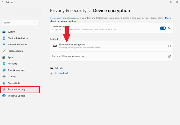 Valitse Asetukset > Yksityisyys & Turvallisuus > Bitlocker levyn salaus