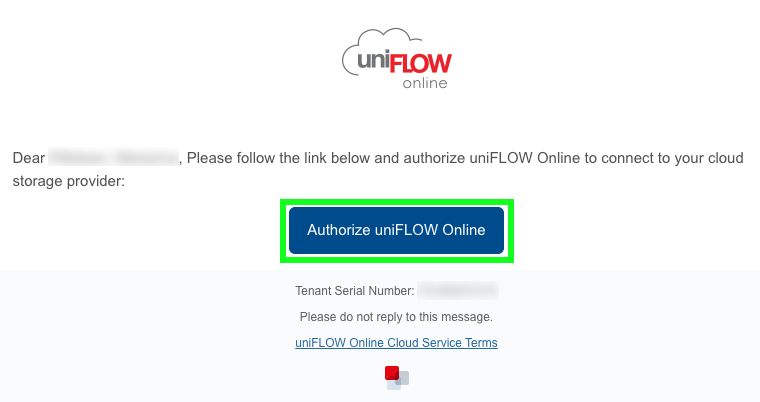 Sähköposti uniFLOW:lta OneDriveen yhdistämisestä.