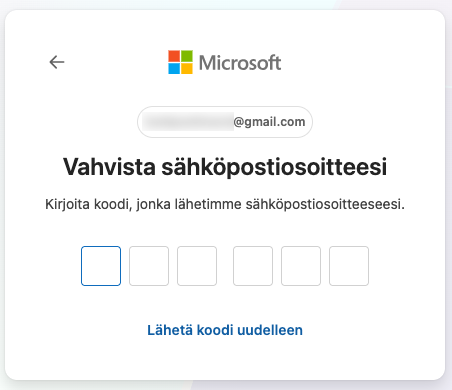 Sähköposti vahvistetaan koodilla.