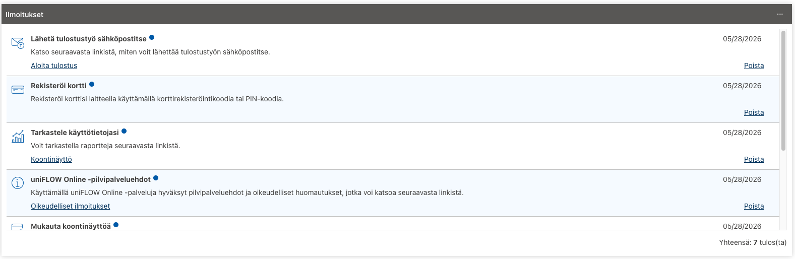 uniFLOW Online etusivu, ilmoitukset.