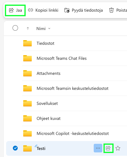 OneDrivessa kansion jakaminen, omat tiedostot välilehdellä