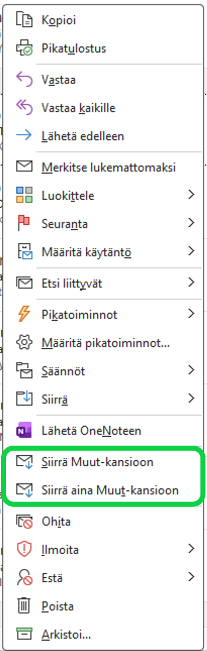 Voit siirtää Outlookissa sähköpostiviestejä näkymien välillä, valitsemalla sähköpostin jonka haluat siirtää, klikkaamalla hiiren oikeaa ja valitsemalla "Siirrä Tärkeät/tai Muut-kansioon".