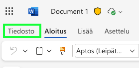 Tiedosto- välilehti Word Onlinessa.