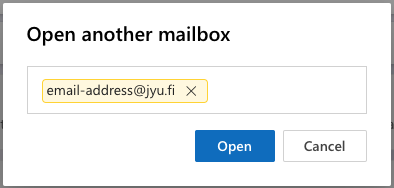 Open another mailbox- ikkuna johon voit tyhjään kenttään kirjoittaa roolipostilaatikon osoitteen.