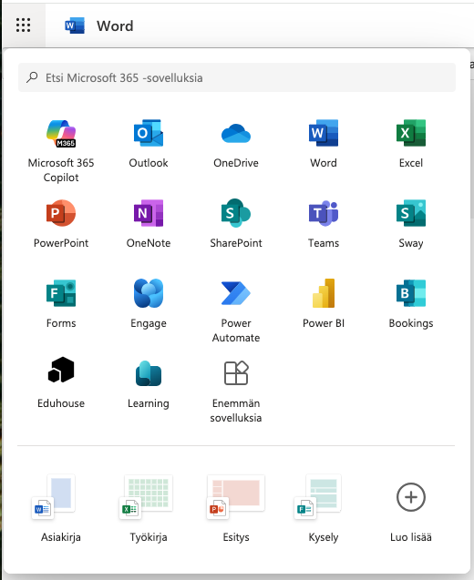 Microsoft sovellukset valikko pisteiden takaa