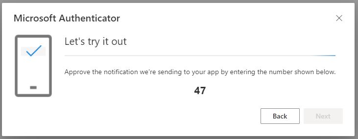 Now the page suggests testing Authentication. You will see two numbers that you enter into the Authenticator app on your phone.