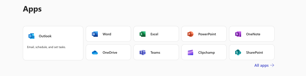 Microsoft portaalin Apps- valikko