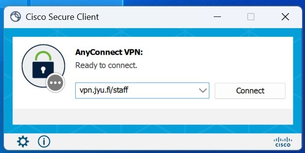 Cisco Secure Client. Type address and group, example vpn.jyu.fi/student