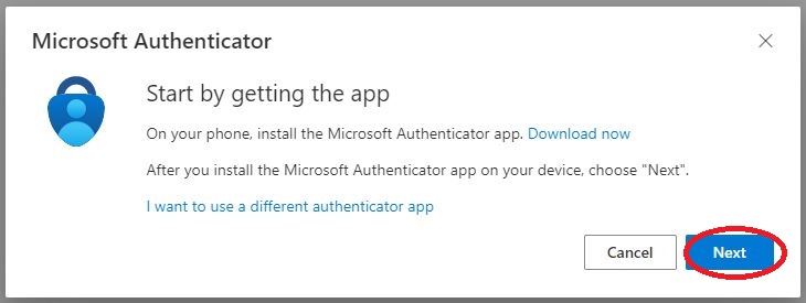 Next, you will be presented with a page asking you to install the Microsoft Authenticator application on your phone. Install the application on your phone and click "Next".