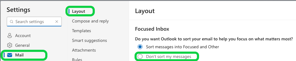 In the New Outlook desktop app or the web version of Outlook, you can turn off sorting by going to your email settings, then "Mail," "Layout," and "Don't sort my messages".