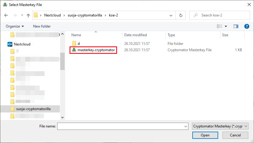 The image shows the File Explorer where you will find the file masterkey.cryptomator.