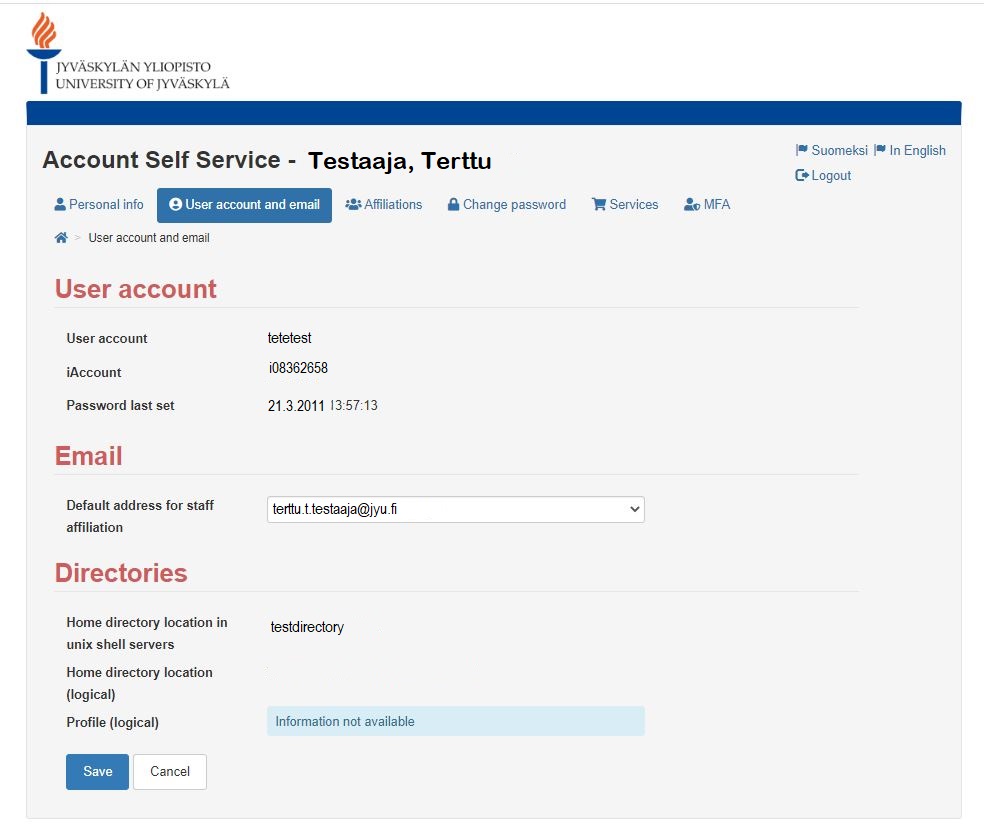 User account and email from OMA-services